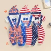 Lioraitiin Baby Boys 4th of July Outfit Letter Print Short Sleeve Rompers Stripe Stars Suspender Long Pants Hat 3Pcs Clothes Set 1