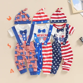 Lioraitiin Baby Boys 4th of July Outfit Letter Print Short Sleeve Rompers Stripe Stars Suspender Long Pants Hat 3Pcs Clothes Set 1