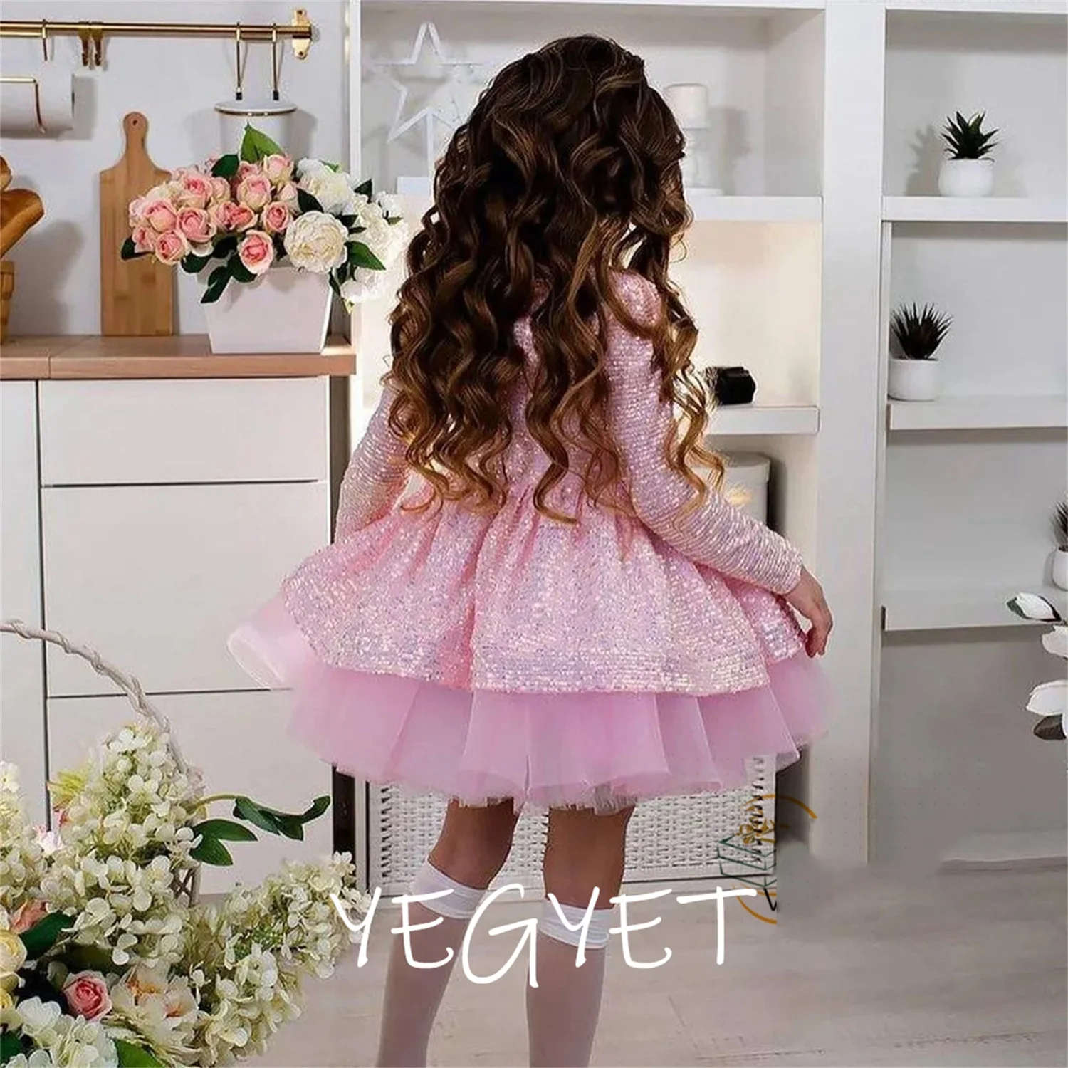 

Pink V Neck Full Sleeve שמלת כלה לילדות for Birthday 2023 Summer Bow Zipper Back Sequined Wedding Party Gowns