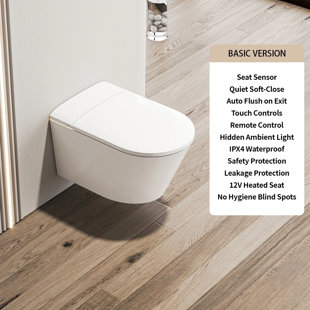 Smart Wall-Mounted Toilet with Sensor Heating Remote Control Automatic Flush Leaving Seat Elongated Bowl Seat