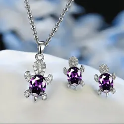 Elegant Turtle-Shaped Multi-Color Glass Diamond Jewelry Set in Silver-Plated Finish (Purple)