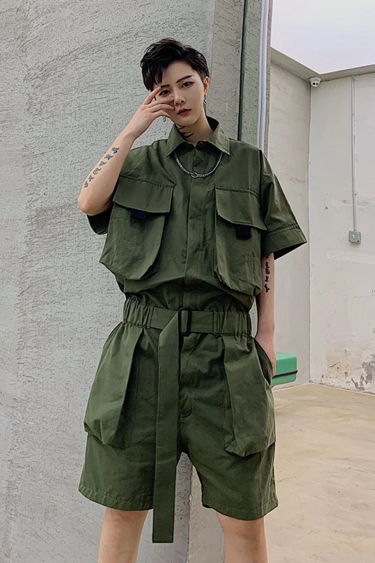 Men One Piece Overalls Multi Pockets Cargo Shorts Dark Harajuku Handsome Ins Bodysuit Singer Shorts Set Belt Sashes Chic Shorts