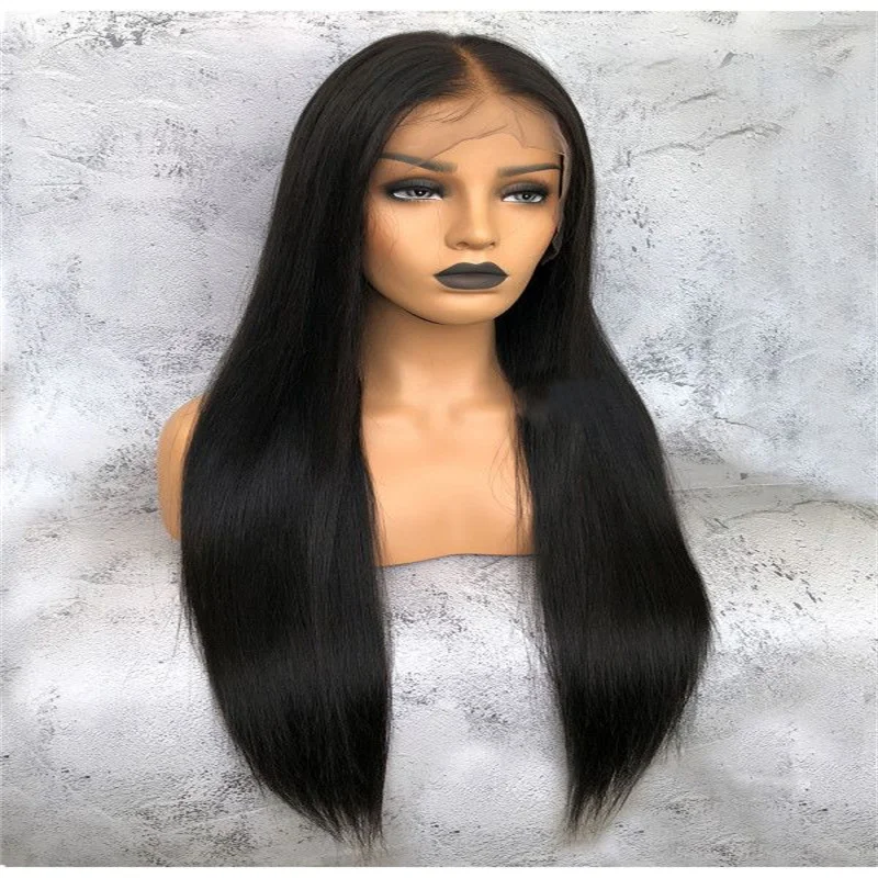 

Natural Black Soft 30Inch Yaki Kinky Straight Lace Front Wig For African Women With BabyHair Synthetic Preplucked Glueless Daily