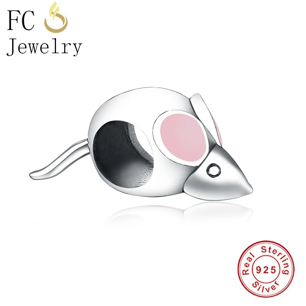 

FC Jewelry Fit Original BrandCharms Bracelet 925 Sterling Silver Animal Mouse Pink Enamel Ear Little Tail Beads Berloque 2019