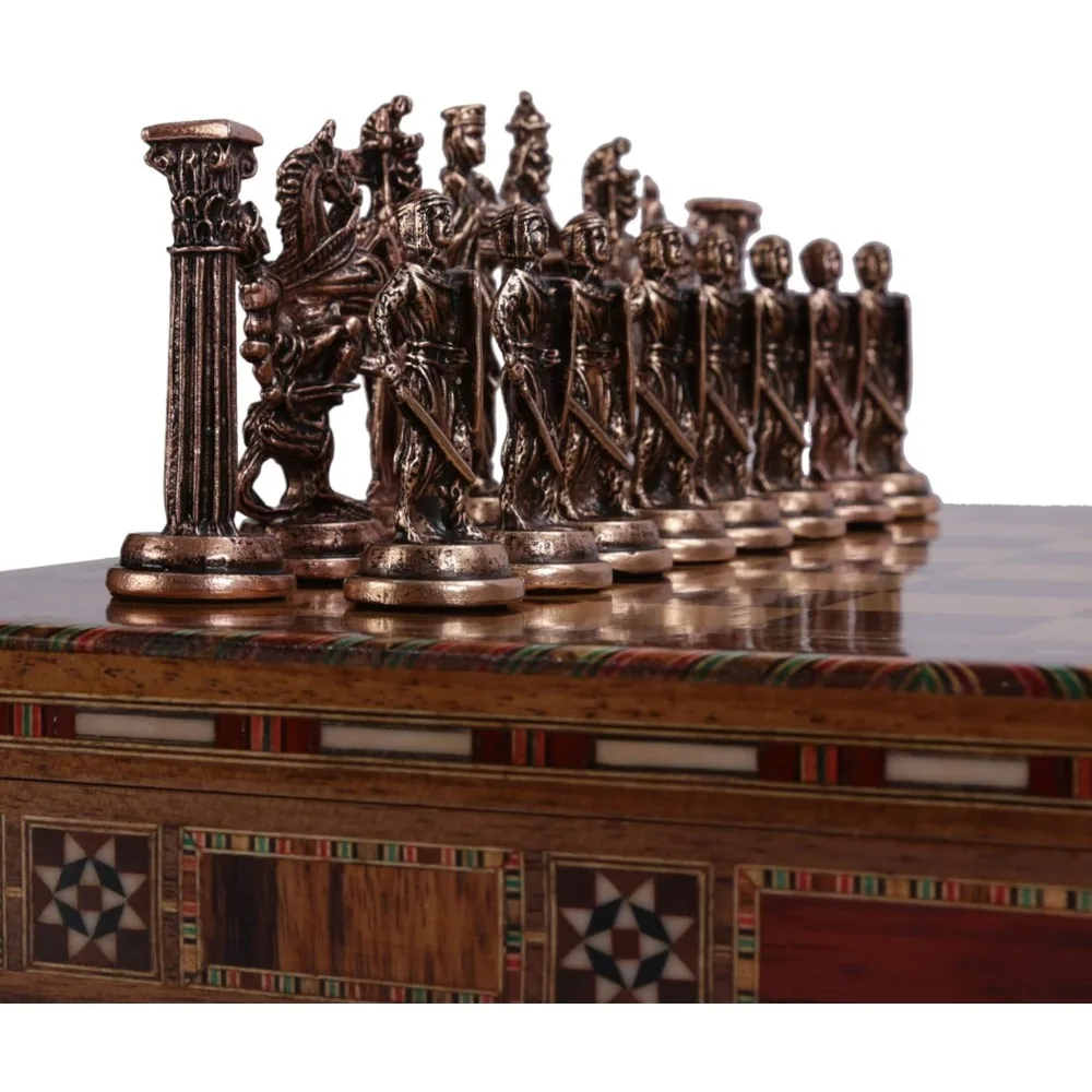 Antique Copper Metal Chess Set for Adults,Handmade Pieces and Natural Solid Wooden Chess Board with Storage Inside King 3.35inc