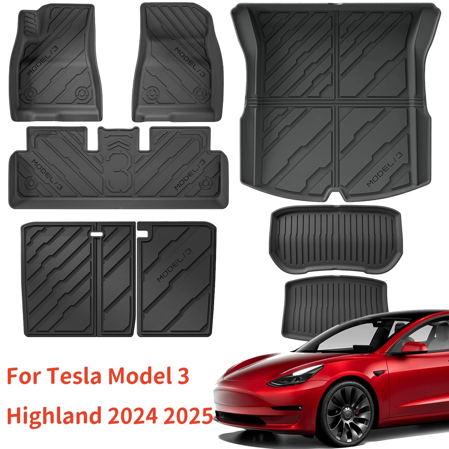 For Tesla Model 3 Highland + TPE Floor Mats & Cargo Liner, 3D Cyber Style Waterproof Anti-slip Trunk Mat Backrest Mats