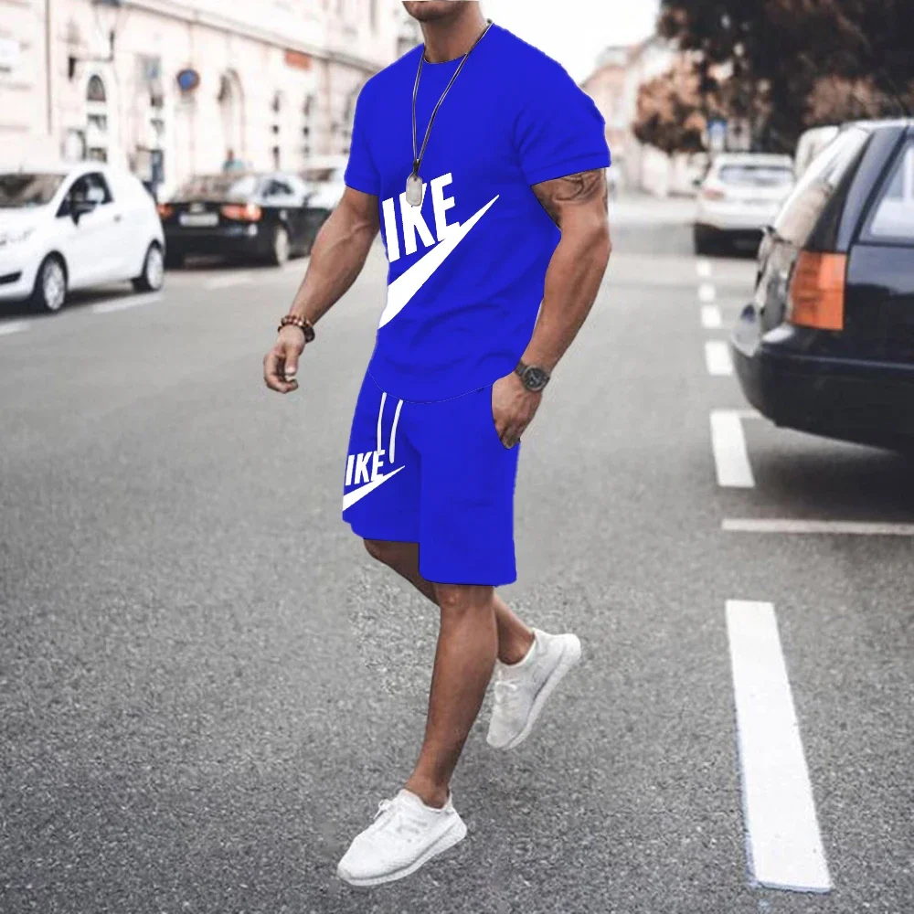 Summer Men's Clothing Two Pieces Sets Mens Casual Tracksuit Men Print Short Sleeve Sets Mens T-shirt + Shorts Fitness Sports Set