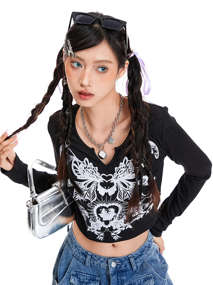 

Women s Gothic Cropped Tops Butterfly Wing Pattern Long Sleeve Notch V-Neck Show Navel Grunge Shirts