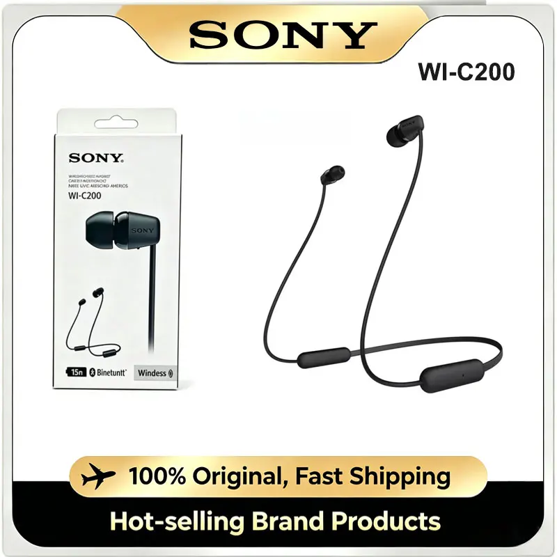 Original Sony WI-C200 Bluetooth Neckband Headphones 15H Battery Stereo Bass Earbuds for Sports