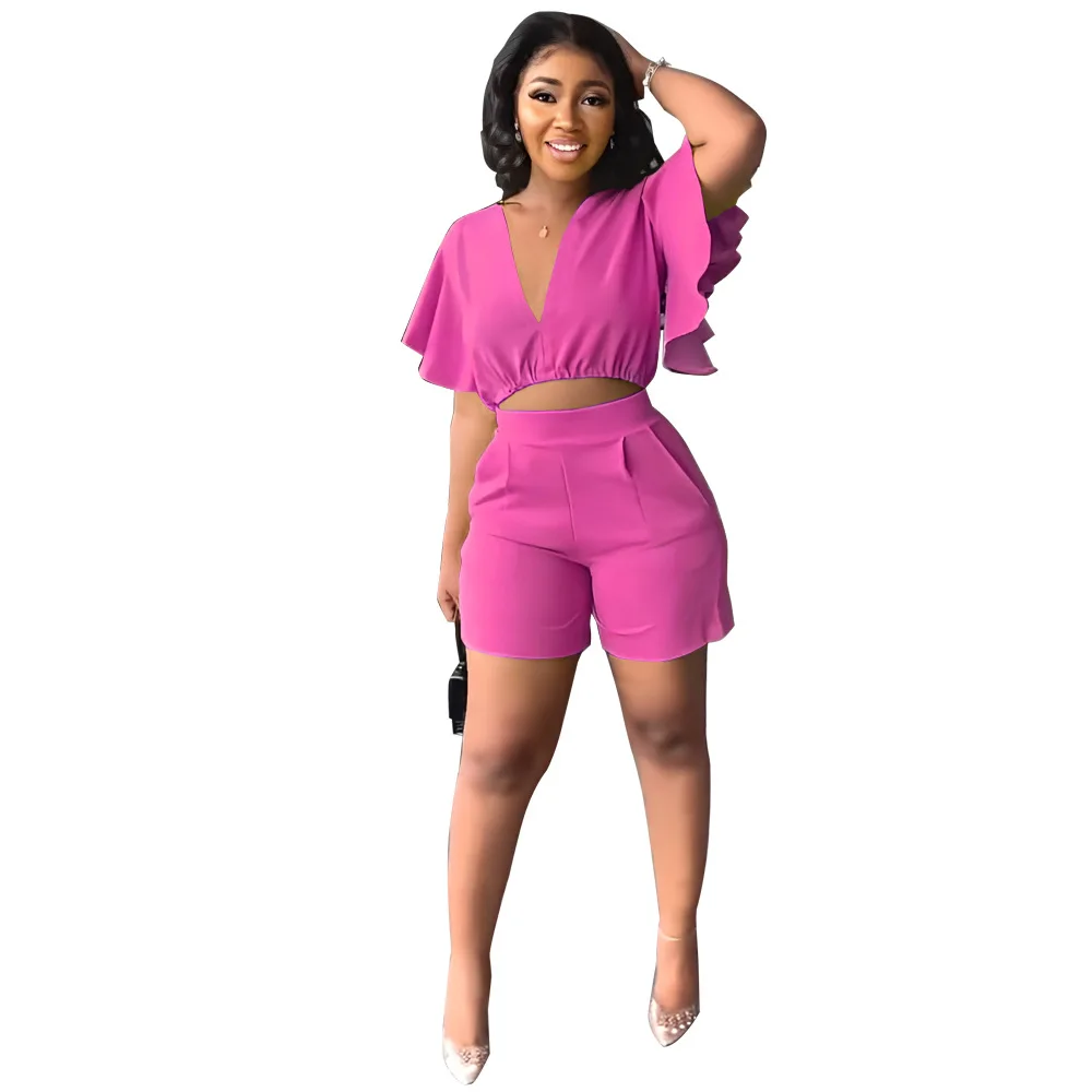 Fashion Two Piece Set Women Sexy V Neck Ruffles Sleeve Crop Top & Pockets Shorts Suit 2023 Summer Street Solid Tracksuit Outfits