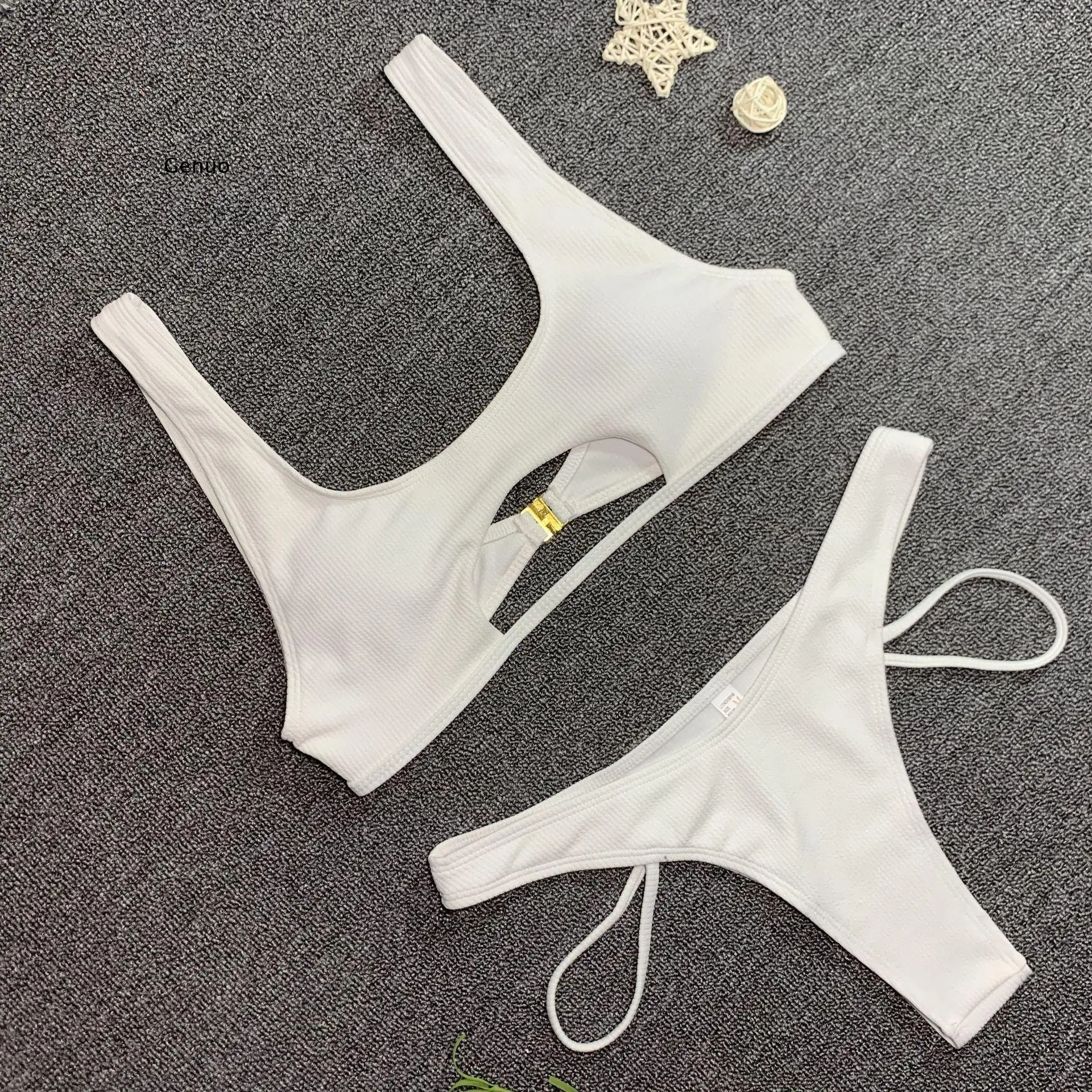 bathing suits for women Bikini Women 2022 High Rise Cut Swimwear Cut Out Swimsuit Lady Summer Hollow Straps Scoop Bathing Suit Solid Swimming Biquini white bikini set