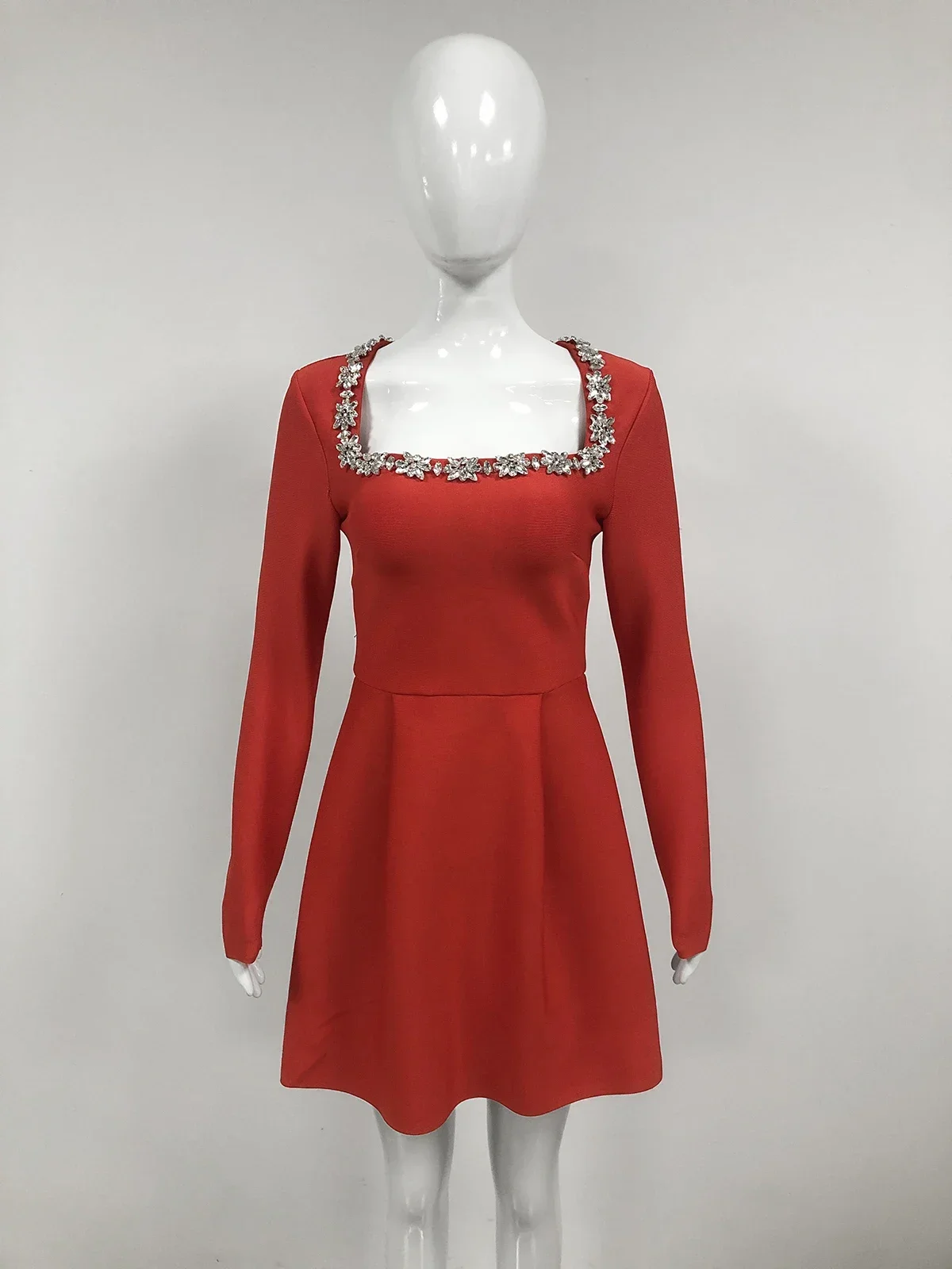 Womens Dress Summer Women's Long sleeved Square Neck Diamond Pocket Decoration A-line Bodycon Celebrity Party Mini Dress