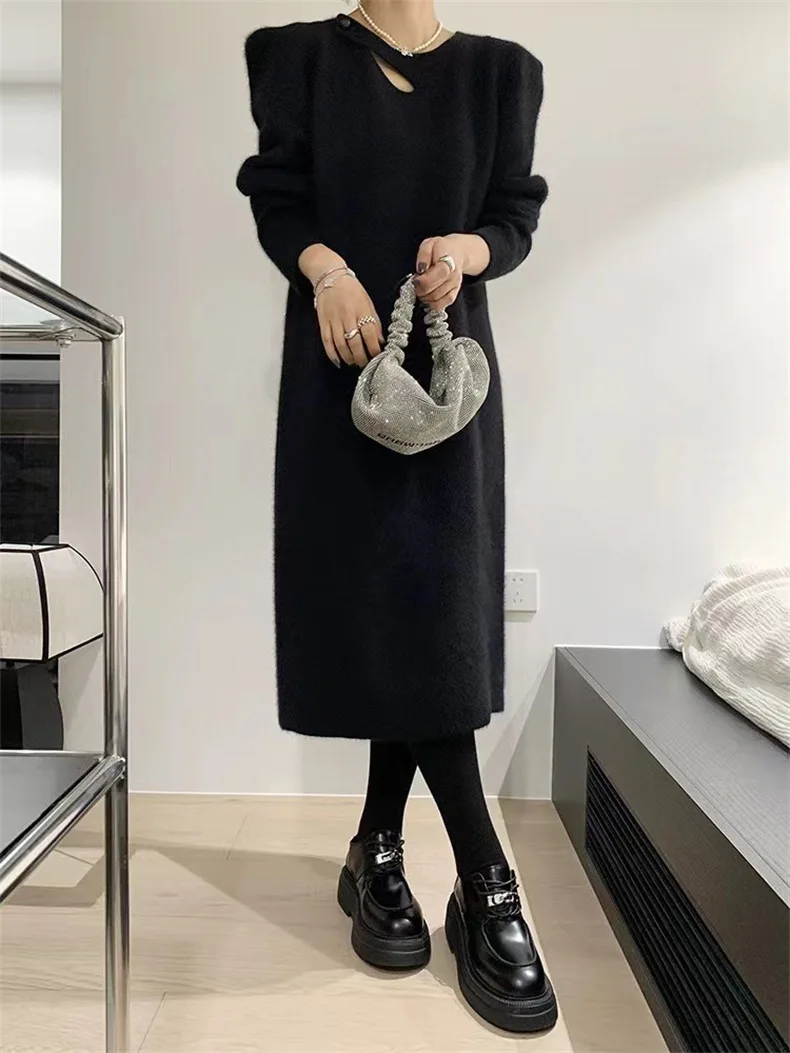 

2024 Spring Autumn New Women Blended Dress Trendy Irregular Neckline Long Sleeve baggey Dresses Chic Casual Ladies Elegant frock
