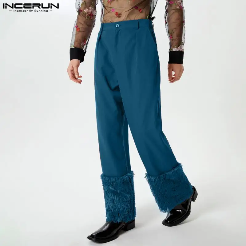 

INCERUN 2024 мужские брюки в американском стиле Индивидуальные однотонные Лоскутные плюшевые длинные брюки повседневные мужские прямые брюки