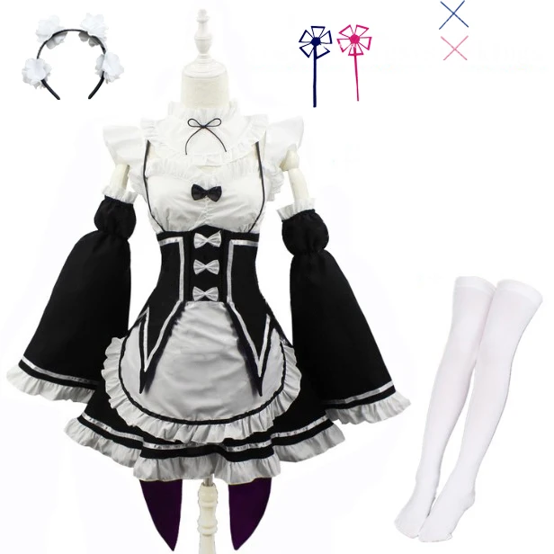 thumbnail image 1 of Anime Ram Rem disfraz de sirvienta Lolita Cosplay Vestido Re:zero Kara Hajimeru Isekai Seikatsu disfraces de Halloween para mujeres Vestido Loli, 1 of 5