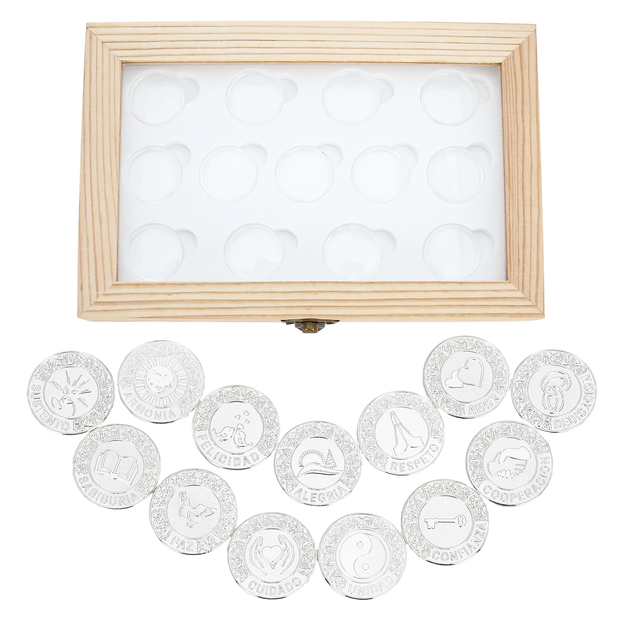 웨딩 유니티 코인 13단어 카톨릭 결혼 라스 아라스, 나무 상자 포함 웨딩 유니티 코인 세트, 결혼-Freehip.co.kr