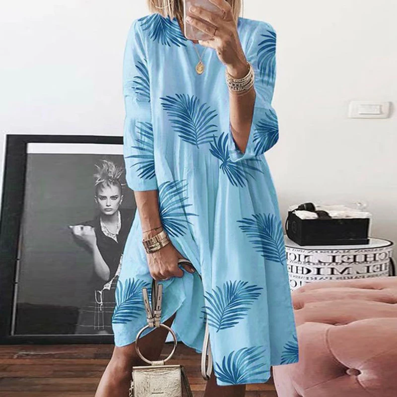 

Dress For Women 2023 Casual Loose O-Neck Long Sleeve Ruched A-Line Dresses Elegant Printing Floral Beach Party Dress Vestidos