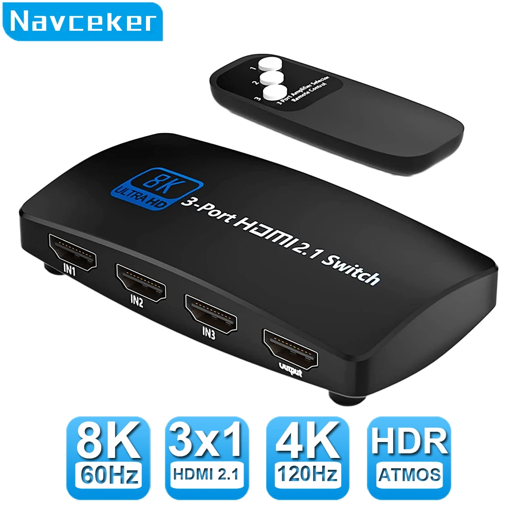 Navceker Switcher HDMI 2.1-compatible 4K 120Hz 4 in 3 in 1 out 8K 60Hz  Switch Splitter adapter IR Remote For PS5 PS4 Projector