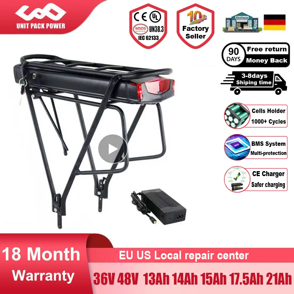 Original 21700 Rear Rack eBike Battery 36V 19.2Ah 13Ah 48V 52V 14.4Ah 15Ah 17.5Ah 18650 Electirc Bicycle Bateria for 250W-1000W