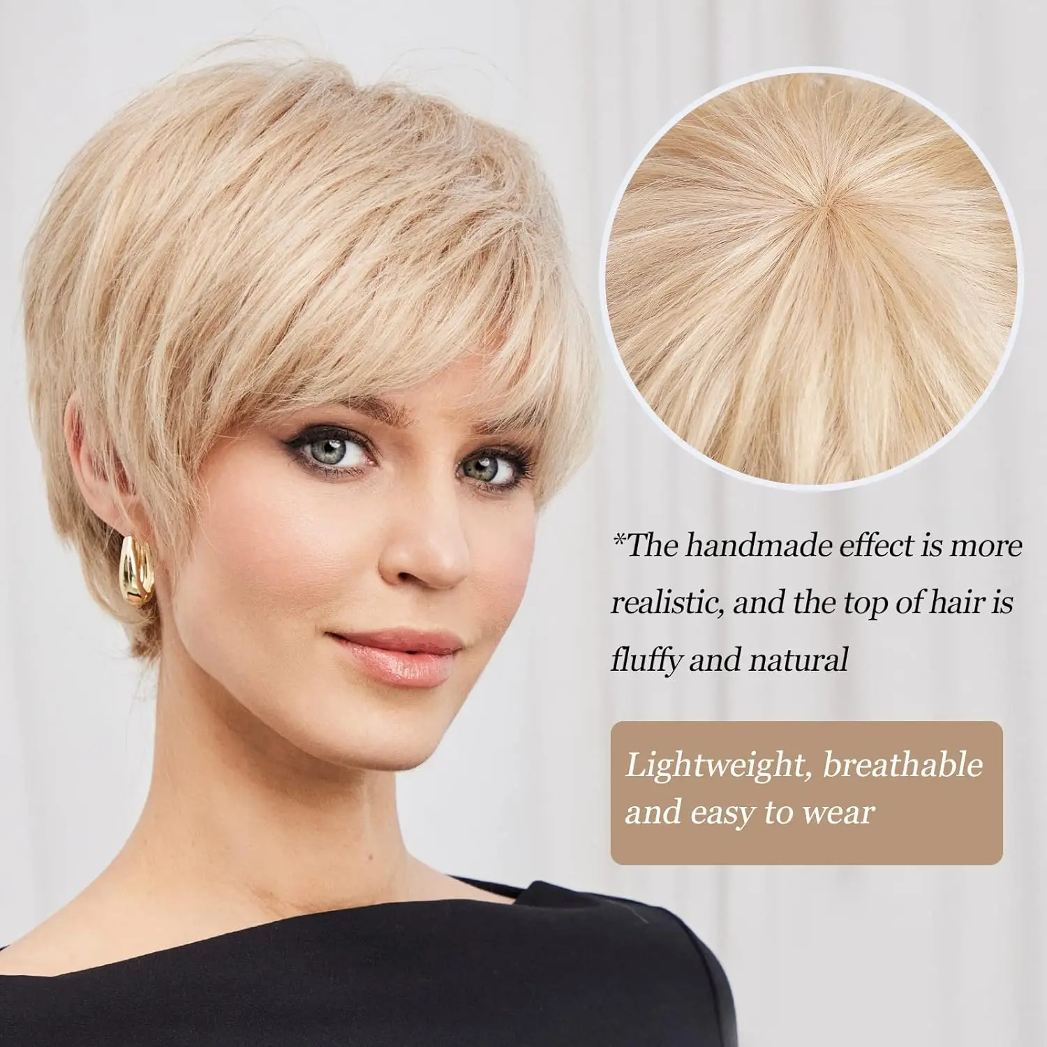 HAIRCUBE Human Hair Wigs Pixie Cut Straight Wigs With Bang Creamy Blonde Layered Short Bob Wig for Women Glueless Human Hair Wig