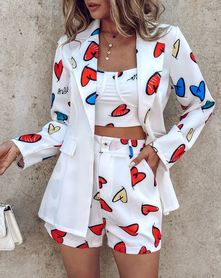 Women Three Piece Set Heart Letter Print Scoop Neck Spaghetti Strap Top and Pocket Shorts Set With Notched Collar Blazer Coat 9 4 gulichic butterfly ladybird polka dot print metal button spaghetti strap sexy backless jumpsuits with brassiere pad women