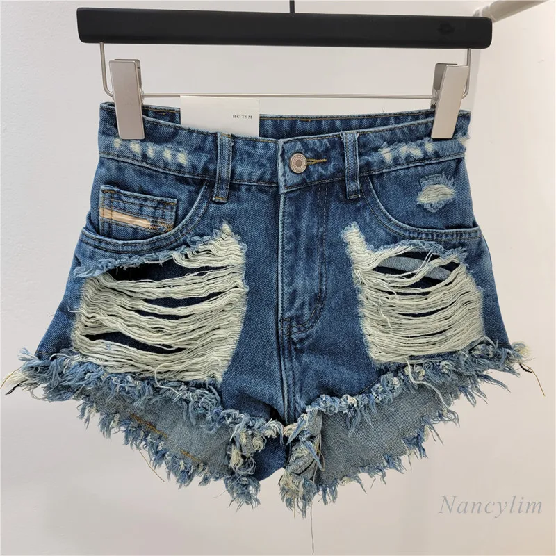 2024 Summer New Hot Girl Worn-out Design Denim Shorts Women's All-Match Loose Slimming A- Line Wide-Leg Hot Pants