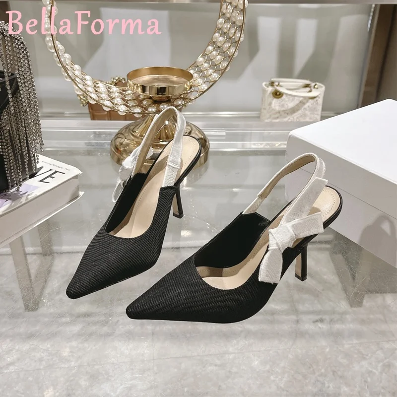 Women's Ribbon Pointed High Heels Striped Fabric Sheepskin Elegant Mature Sexy Banquet Wedding Festival Dress Slingback Sandals