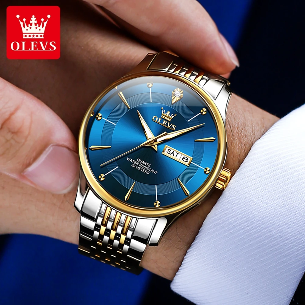 OLEVS New Men's Watches Original Luxury Waterproof Dual Calendar Luminous Quartz Watch Stainless Steel Strap Male Wristwatch