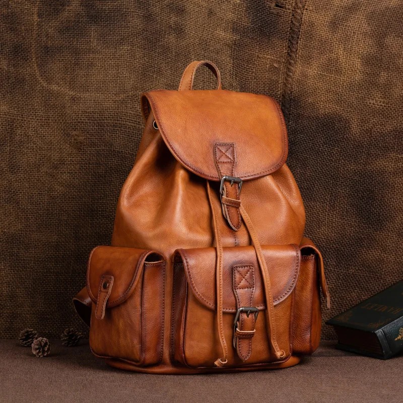 Natural Leather Men Backpack Handmade Genuine Leather Laptop Backpack Vintage Travel Bags Large Capacity Boys Shoolbags 3