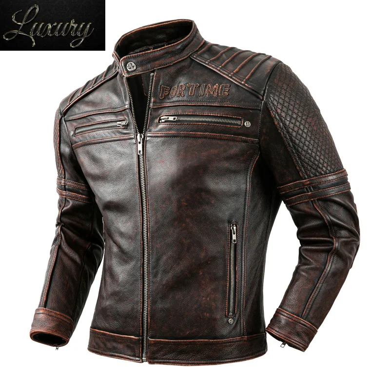 

Men's Vintage Biker Jacket Top Layer Standing Collar Cowhide Motorcycle Classic Stone Milled Calfskin Moto Riding Suit