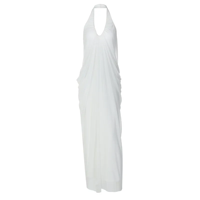 New Summer 2026 Women's Neck Fashion Halter V-neck Mesh Long Dress Fashionable and Elegant White Sexy Pleated Evening Dress