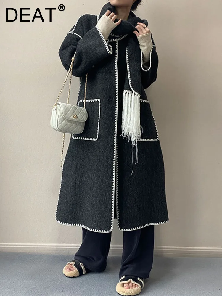 

DEAT Fashion Women's Woolen Coat Removable Scarf Single Breasted Loose Tassel Double Face Wool Overcoat Winter 2023 New 7AB2158