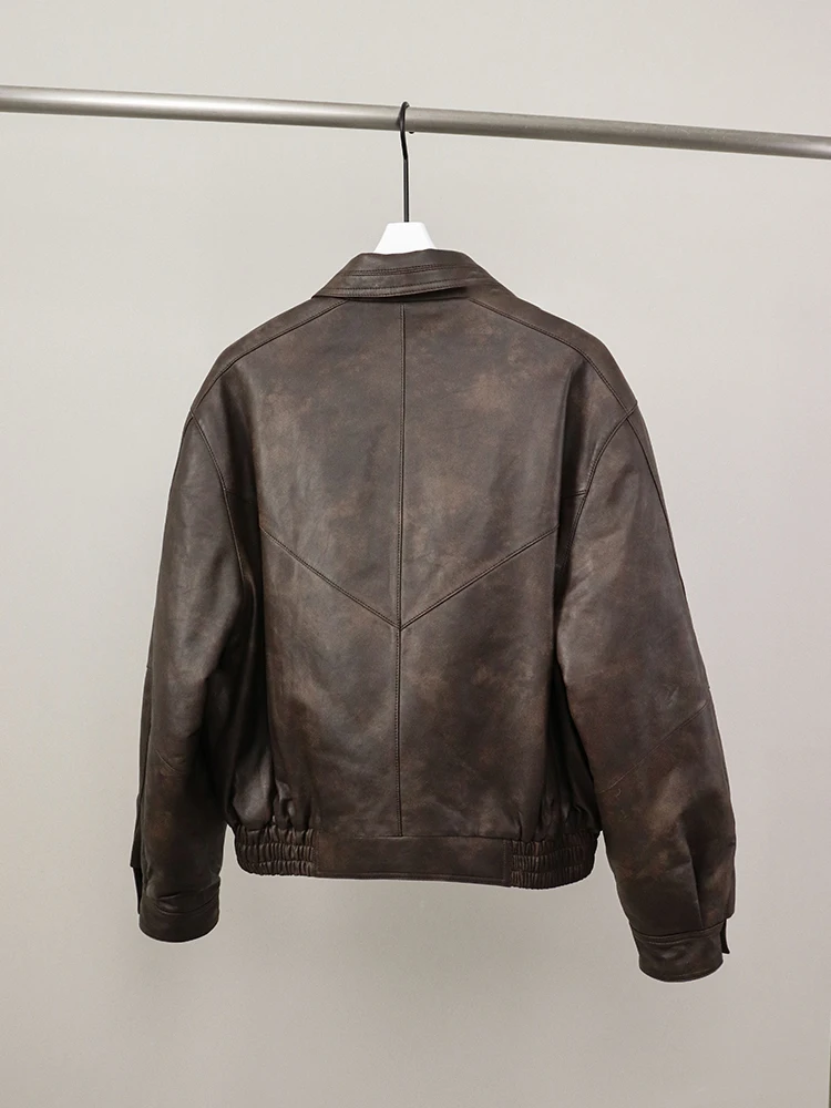 Lautaro Spring Autumn Cool Retro Waterproof Distressed Brown Pu Leather Jackets for Women Zipper Maillard Style Clothes 2024