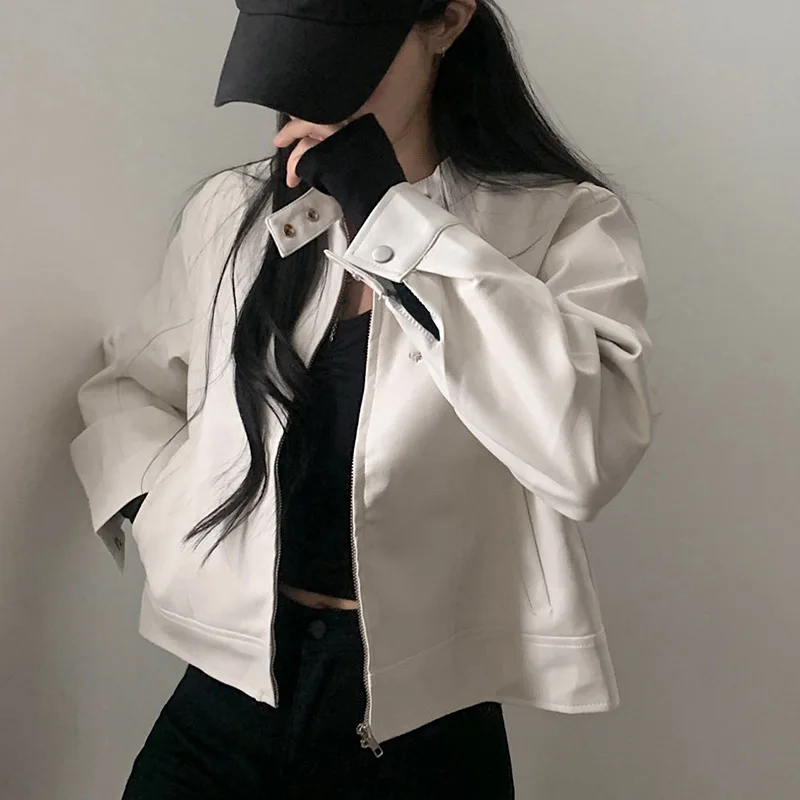 

Solid Color Zipper Motorcycle Style Leather Short Jacket for Women Women's Coat Crop Top Outerwears Autumn Clothing Outerwear