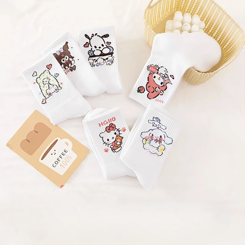 

Kawaii Hello Kittys Pochaccos Kuromis Cinnamonrolls Minimalist Mid Length Socks Cute Cartoon Embroidered Breathable Cotton Socks