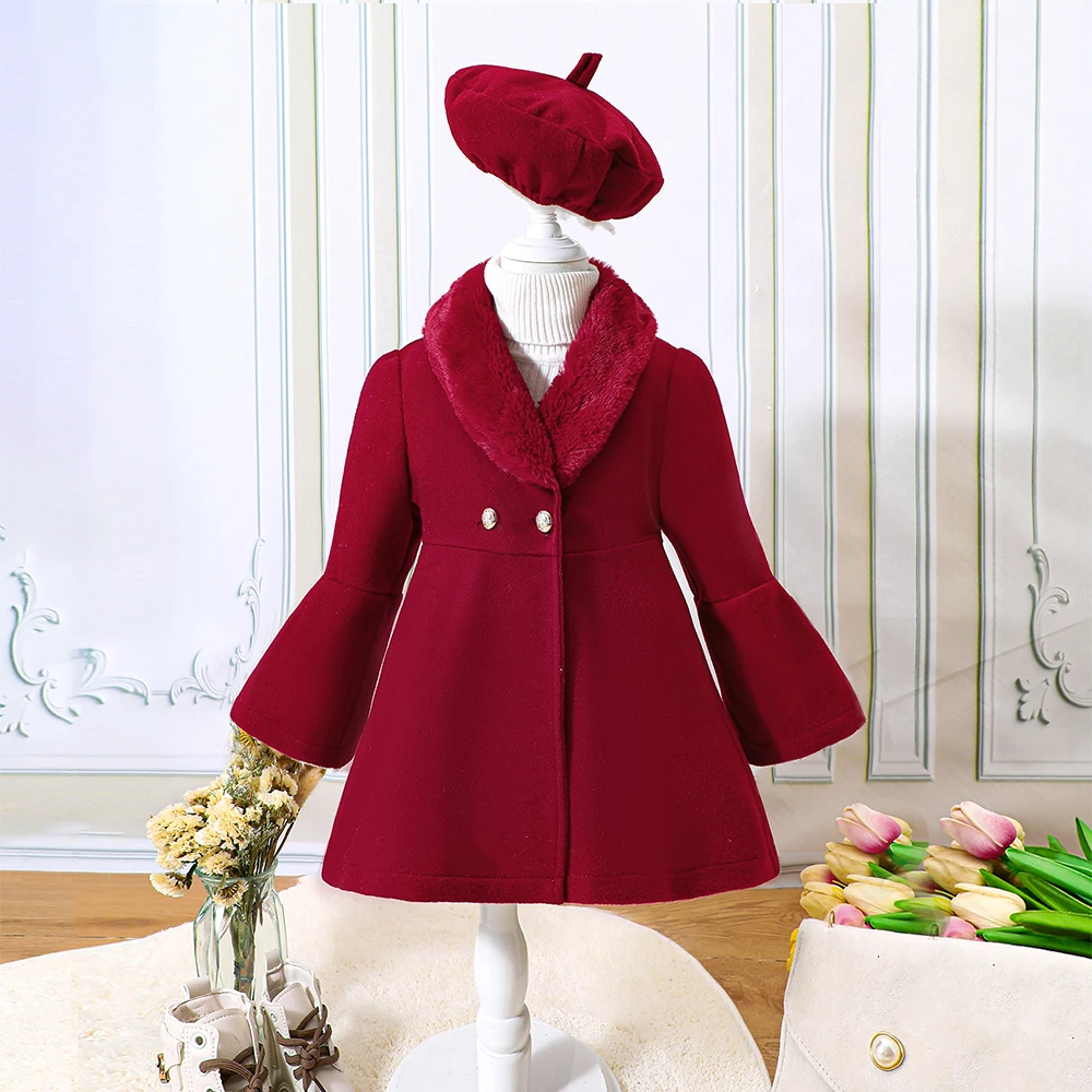 Girls' Autumn And Winter Patchwork Fur Collar Solid Color Fur Coat + Beret