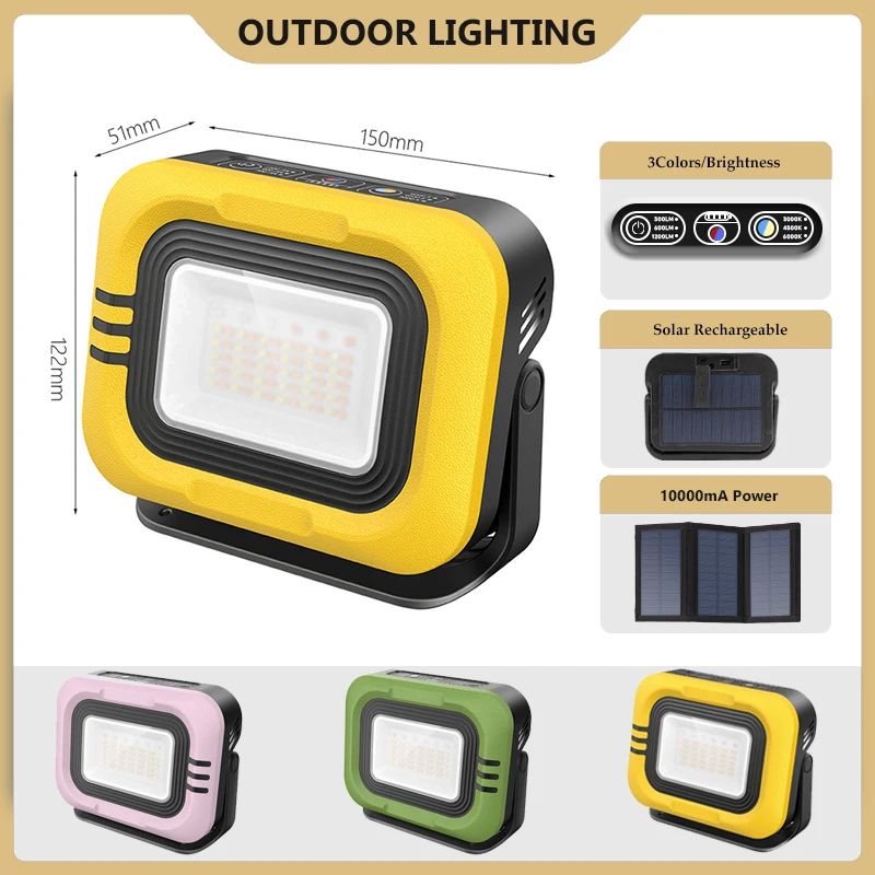 

Portable Camping Lamp Solar Outdoor Spotlight Waterproof Flashlight Emergency Rechargeable Magnetic Hold Led Work Light 10000mah