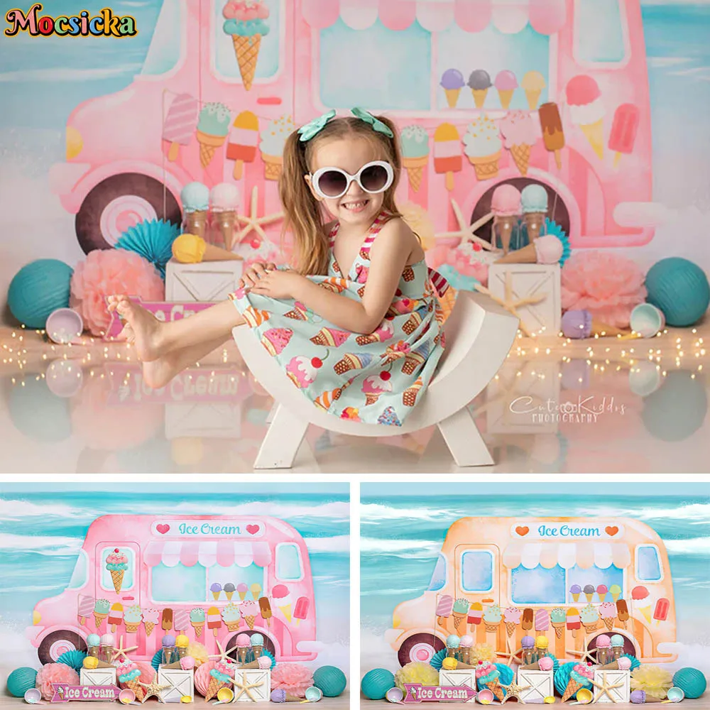 Verão Rosa Sorvete Caminhão Fotografia Backdrop Cone Sobremesa Decoração Crianças Aniversário Festa Bolo Smash Fundo Photo Studio Props