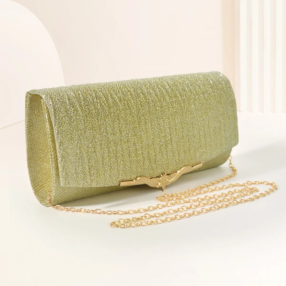 Women Fold Glitter Handbag Shiny Envelope Evening Bag Ladies Pleated Silver Clutch Chain Wedding Party Shoulder Mini Long Purse
