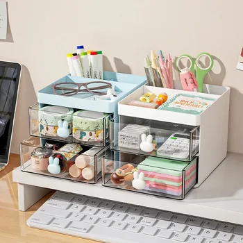 Organizer da Scrivania con Cassetto, Piccolo Contenitore per Ufficio, Organizzatore per Trucchi, Porta Biglietti da Visita/Penne/Matite/Cellulare/Articoli di Cancelleria