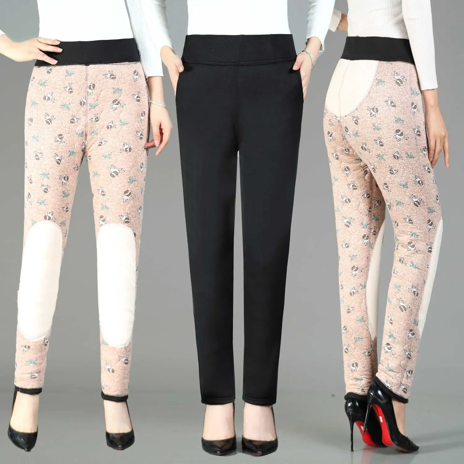 

Женские теплые брюки среднего возраста, прямые однотонные брюки с высокой талией и карманами, E193, Осень-зима 2024