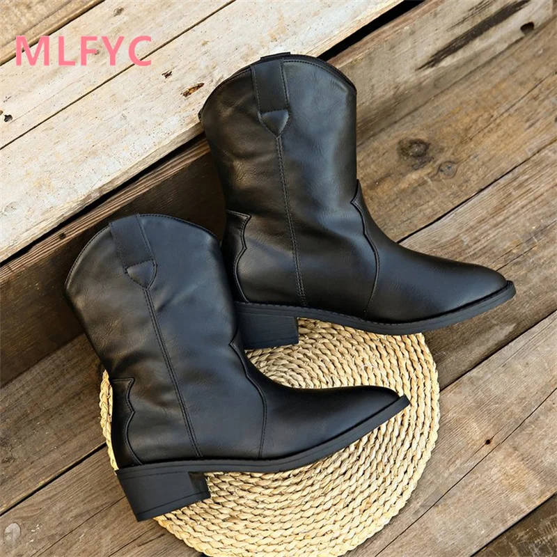 Vintage Western Cowboy Boots Women's Winter New Slim Pointed Mid Sleeve Boots Thick Heel Knight Short Boots