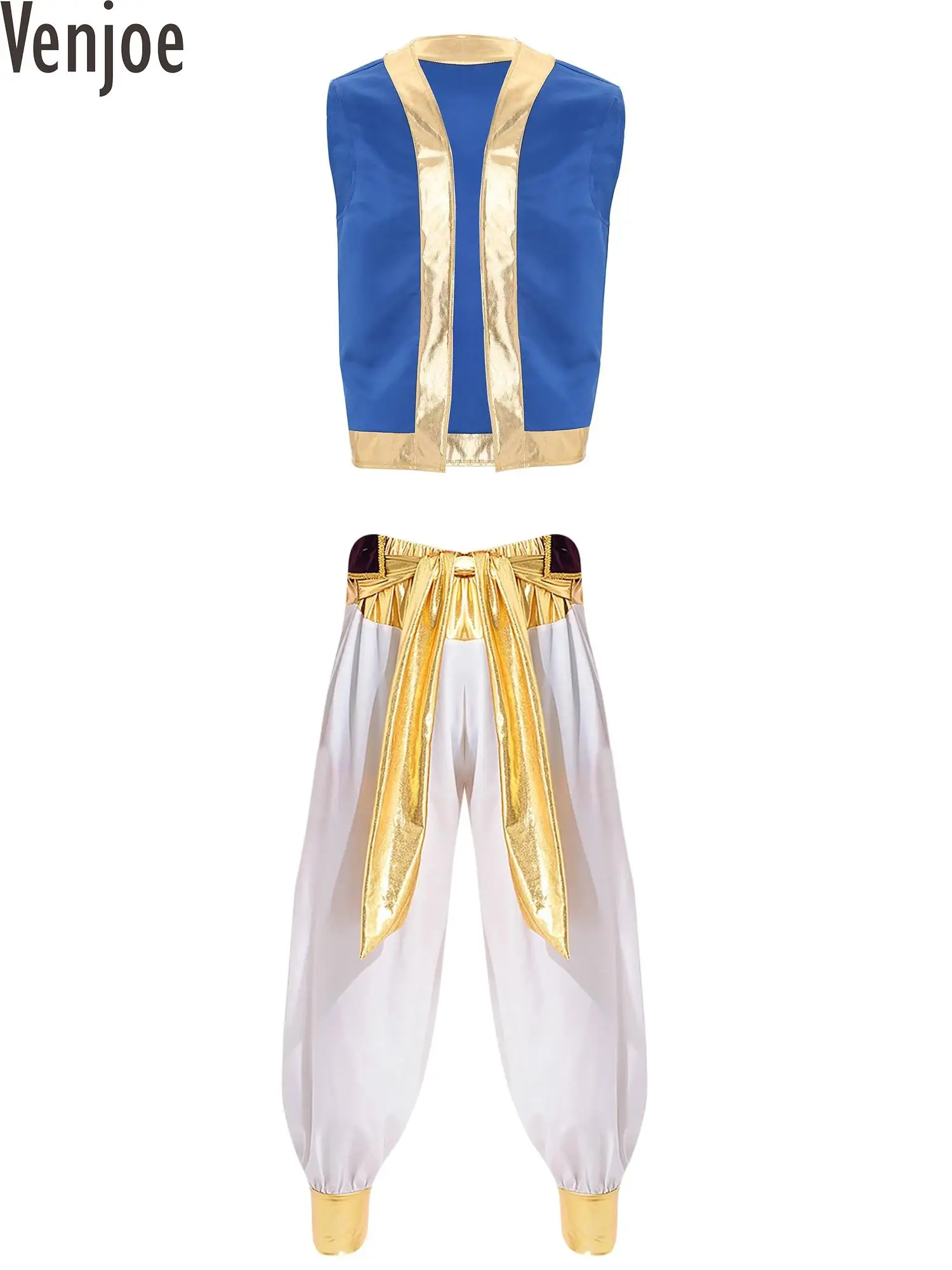 

Mens Roleplay Arabian Prince Cosplay Costume Metallic Shiny Open Front Vest with Pants 2 Piece Set for Halloween Carnival Party