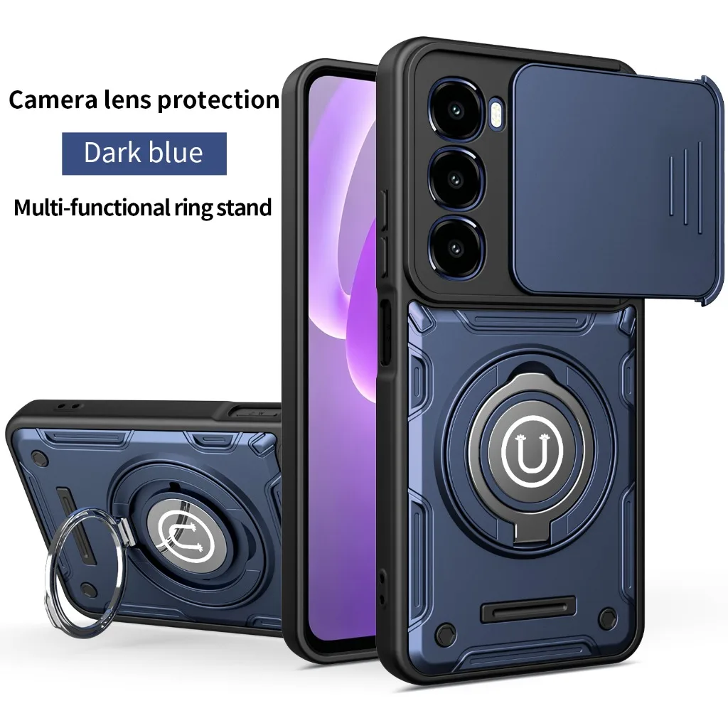 Magnetic 360° Ring Kickstand Phone Case with Slide Camera Lens Cover - Shockproof Design