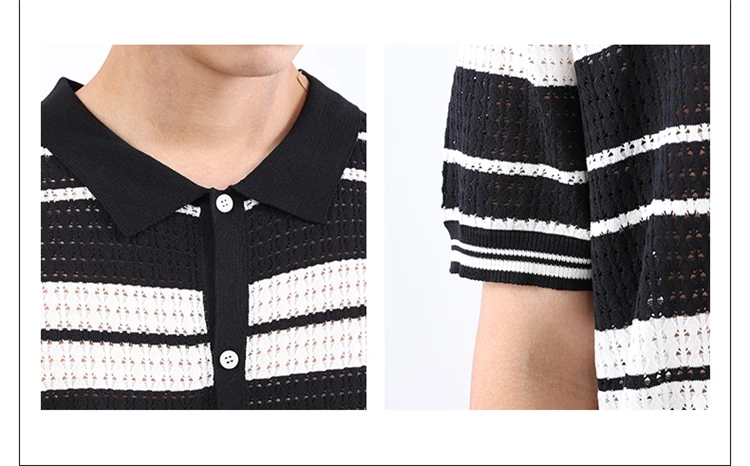 Loose Fit Knitted Polo Shirts Man Single Breasted Viscose Elastic Summer Quality Hollow Out Breathable Striped Camisas De Hombre 17 S5e9dcd512d8c4bf8a4173eec5fed1418N