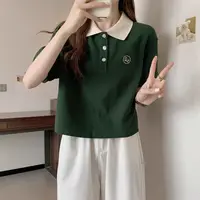 Contrast Color Short Sleeve Woman Button Tshirt Summer Outfit High Quality Sexy Crop Top Y2k Fashion Polo Neck T Shirt for Women - Image 4