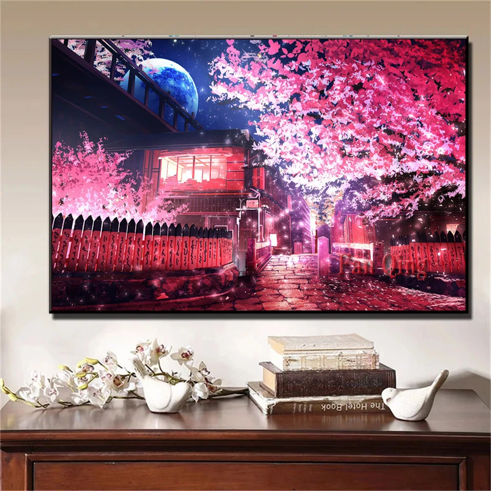 5D  Diamond Painting  Japanese Cherry Blossom Street Moon Scenery Cross Stitch Diamond Embroidery Mosaic Home Decor Needlework