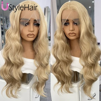13x4 Blonde Wig Lace Front Synthetic Hair Long Body Wave Hair Mix Color Natural Looking Wig Heat Resistant Fiber Daily Wear