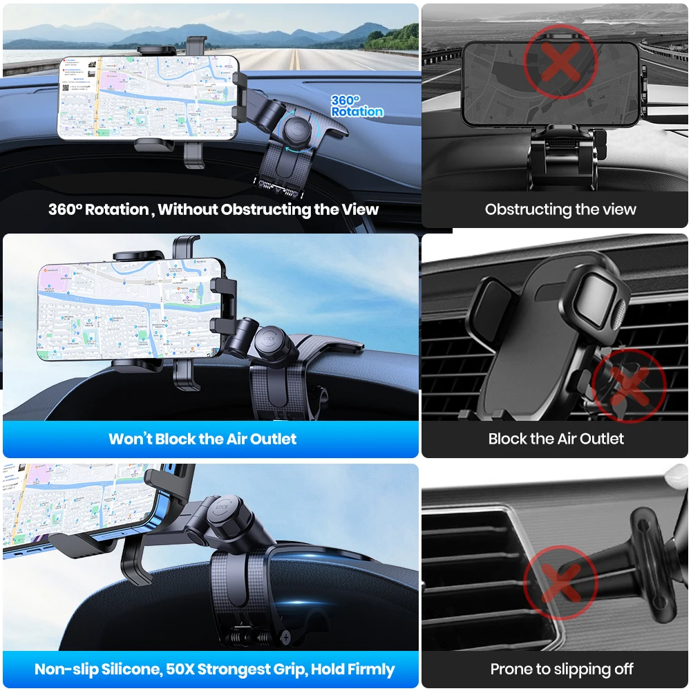 Car Phone Holder Dashboard Clip Stand Multi-Angle Rotation Silicone Anti-Slip Co