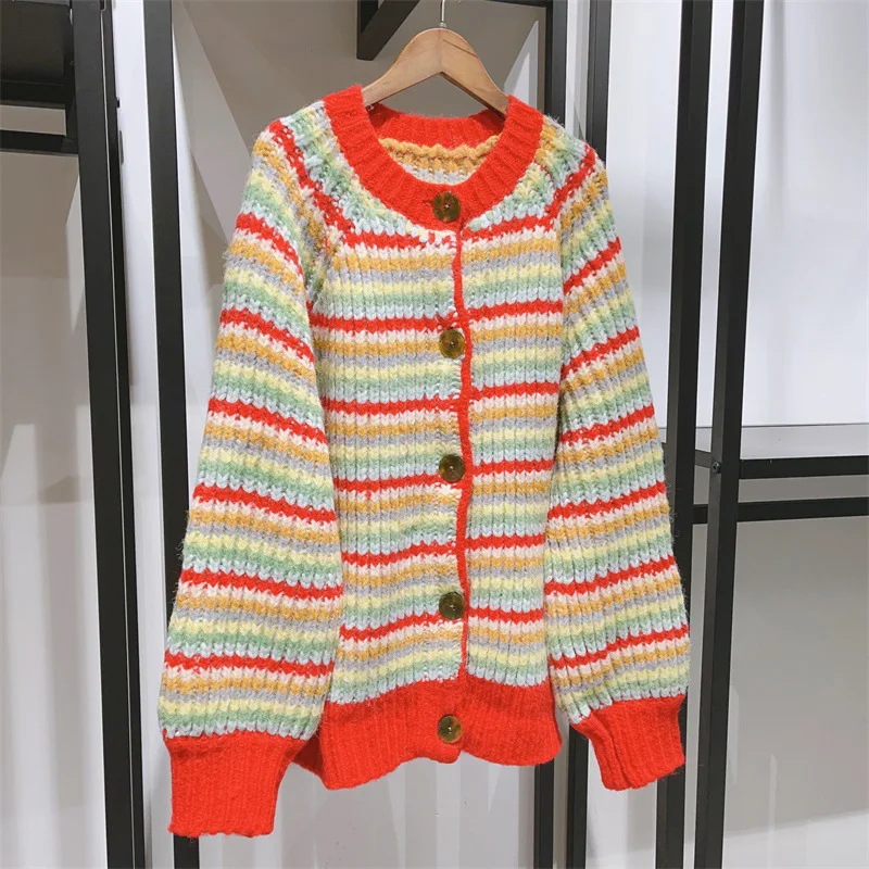 Cardigan Women Early Spring New Year's Classic Vintage Loose Crochet Colorful Stripe Cardigan